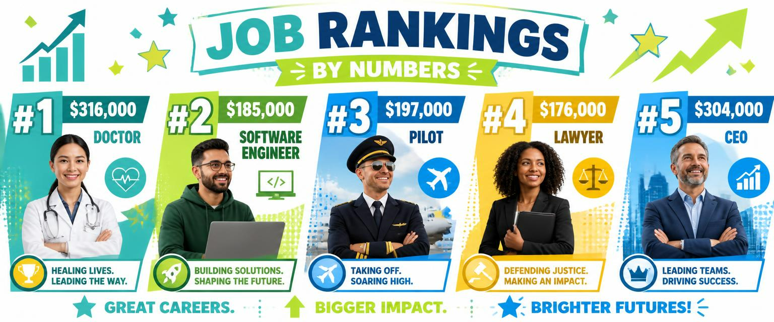 Bright Job Rankings by Numbers montage showing the top five ranked careers — Doctor $316,000, Software Engineer $185,000, Pilot $197,000, Lawyer $176,000 and CEO $304,000 — with colourful panels, growth arrows and the tagline Great careers, bigger impact, brighter futures. Images and Photos created by www.Jobs-Rank.com — The Website that Shows you real Work Incomes in Relation to Roles and Education