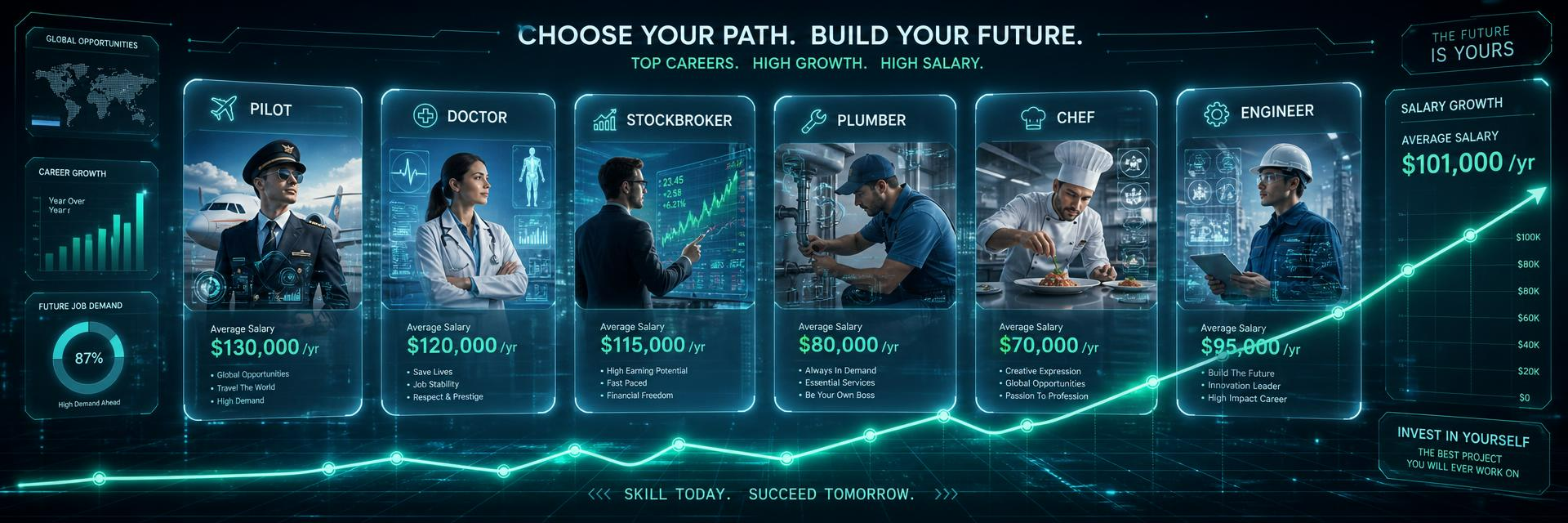 Futuristic career dashboard collage showing six professions — Pilot, Doctor, Stockbroker, Plumber, Chef and Engineer — displayed as glowing holographic cards with average salaries, surrounded by salary growth charts, world maps and the headline Choose Your Path. Build Your Future.