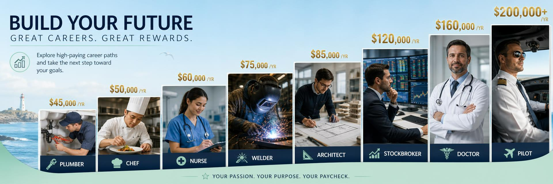 Build your future banner showing diverse professionals from plumber and chef to nurse, welder, architect, stockbroker, doctor and pilot with salary steps from $45,000 to $200,000+ per year. Images and Photos created by www.Jobs-Rank.com — The Website that Shows you real Work Incomes in Relation to Roles and Education