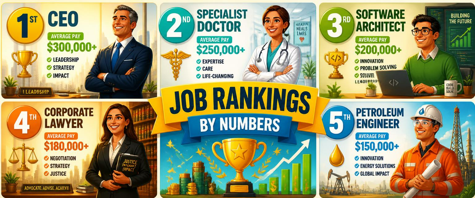Vibrant Job Rankings by Numbers montage showing the top five high-paying careers — CEO $300,000+, Specialist Doctor $250,000+, Software Architect $200,000+, Corporate Lawyer $180,000+ and Petroleum Engineer $150,000+ — with a golden trophy, growth arrows and salary figures. Images and Photos created by www.Jobs-Rank.com — The Website that Shows you real Work Incomes in Relation to Roles and Education