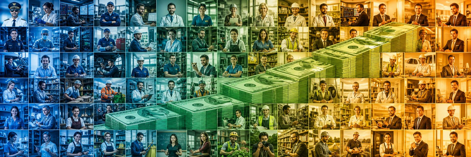 Job listings montage showing a grid of diverse professionals from pilots and surgeons to chefs, engineers and tradespeople with stacks of green dollar bills representing salaries across every career level. Images and Photos created by www.Jobs-Rank.com — The Website that Shows you real Work Incomes in Relation to Roles and Education