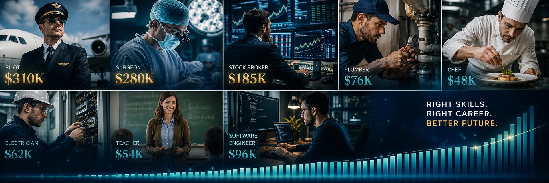 Profession montage number 1 combining pilots, doctors, stockbrokers, plumbers, chefs and engineers with salary figures showing the variation in pay from one profession to the next. Images and Photos created by www.Jobs-Rank.com — The Website that Shows you real Work Incomes in Relation to Roles and Education