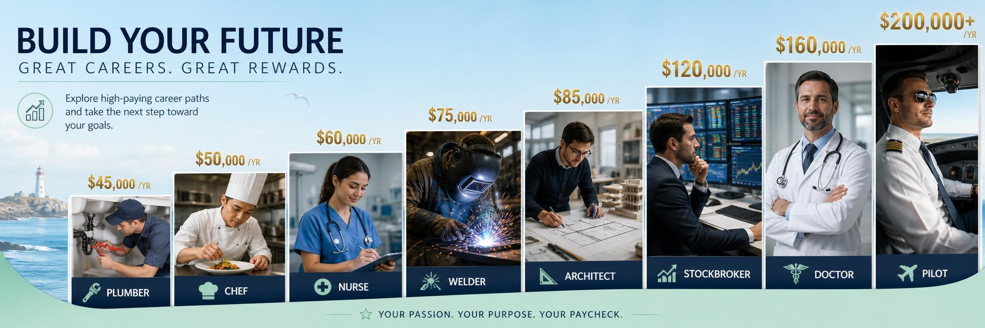 Profession montage number 2 combining pilots, doctors, stockbrokers, plumbers, chefs and engineers with salary figures showing the variation in pay from one profession to the next. Images and Photos created by www.Jobs-Rank.com — The Website that Shows you real Work Incomes in Relation to Roles and Education