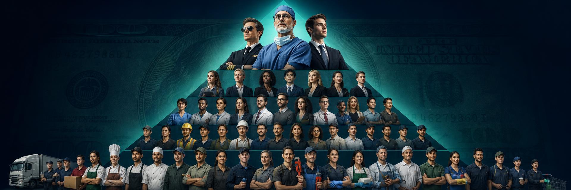 Profession montage number 3 combining pilots, doctors, stockbrokers, plumbers, chefs and engineers with salary figures showing the variation in pay from one profession to the next. Images and Photos created by www.Jobs-Rank.com — The Website that Shows you real Work Incomes in Relation to Roles and Education