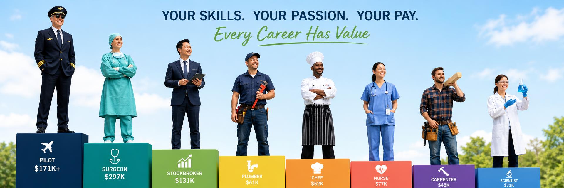 Profession montage number 5 combining pilots, doctors, stockbrokers, plumbers, chefs and engineers with salary figures showing the variation in pay from one profession to the next. Images and Photos created by www.Jobs-Rank.com — The Website that Shows you real Work Incomes in Relation to Roles and Education