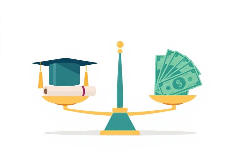 Illustration of a balance scale weighing a scholar's cap and certificate against a fan of green dollar notes, representing education compared with pay. Images and Photos created by www.jobrank.com