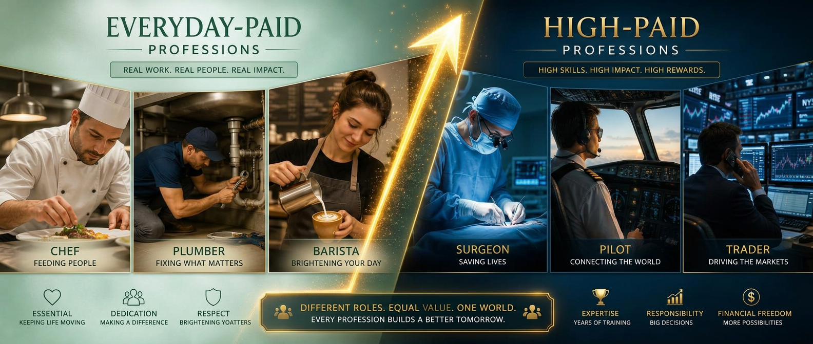 High-paid professions versus everyday-paid professions banner showing surgeon, pilot and trader on one side and chef, plumber and barista on the other, with a rising arrow dividing the two groups. Images and Photos created by www.Jobs-Rank.com — The Website that Shows you real Work Incomes in Relation to Roles and Education